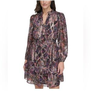 Vince Camuto Chiffon Metallic Fit & Flare Dress with Ruffle Details Size…